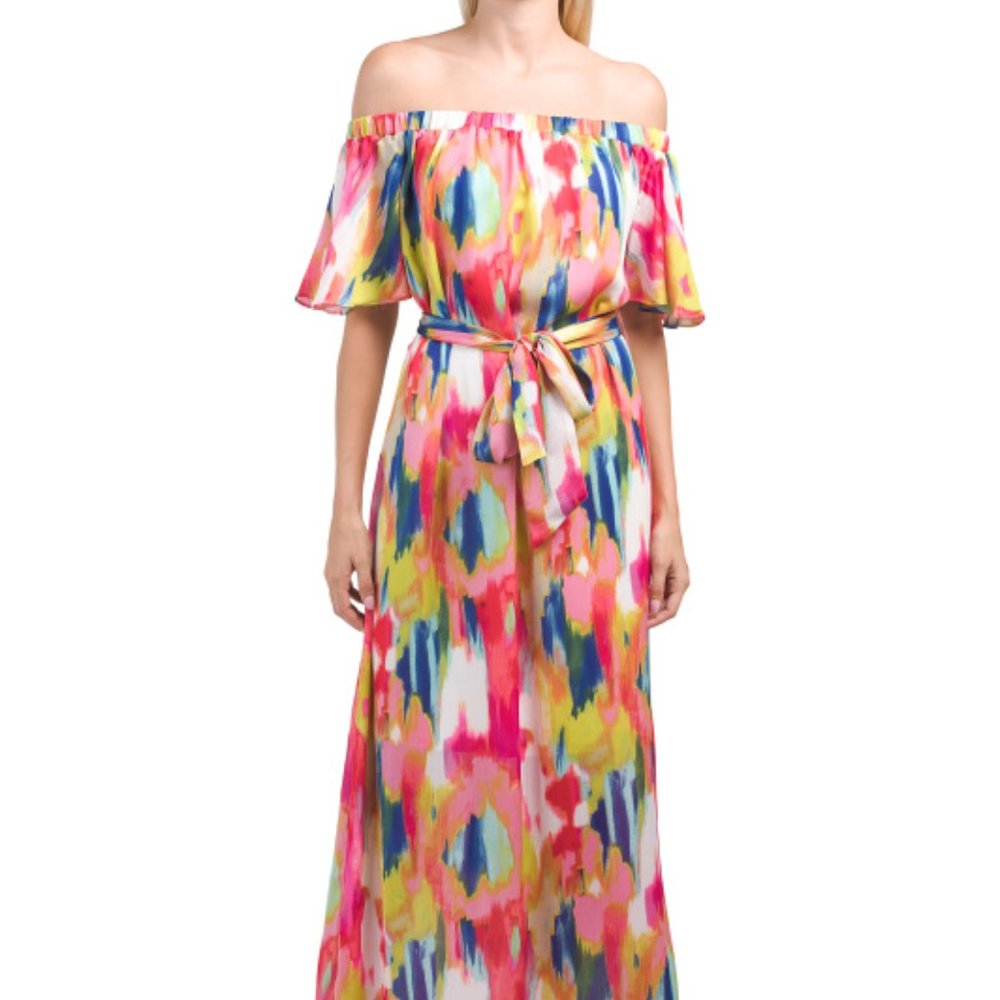 Trina Turk Watercolor Off the Shoulder Maxi Dress Gown NWT